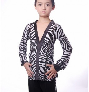 White black zebra printed spandex rhinestones v neck long sleeves boys kids children competition professional rhythm ballroom latin dance tops shirts 